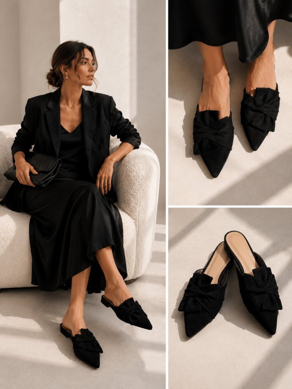 Schutz Black Suede Bow Pointed Toe Mule Flats Women’s Size 8.5B Leather